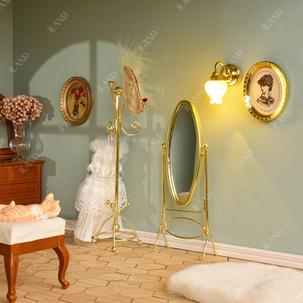 1:12 Scale Dollhouse Coat Rack Full Length Mirror Golden Miniature Furniture For Dollhouse