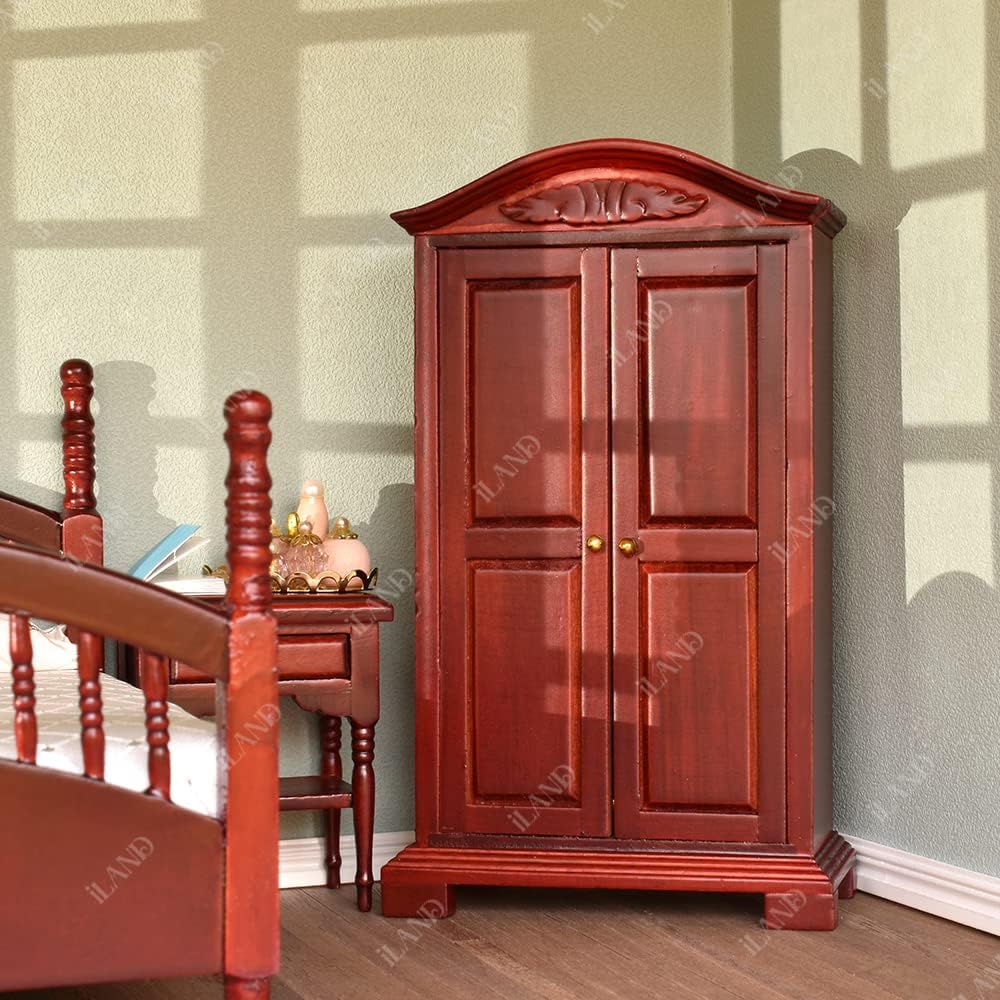 1:12 Scale Vintage Dollhouse Bedroom Furniture Set Miniature Mahogany Bed Wardrobe Mirror Rocking Chair Side Table Miniature Dollhouse Accessories
