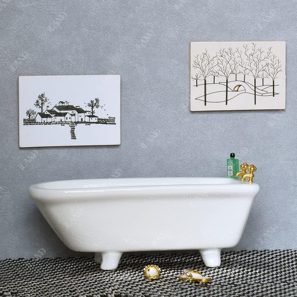 1:12 Scale Modern Bathroom Set Miniature Dollhouse Furniture With Ceramic Toilet Bathtub Wooden Cabinet Sink Accessories