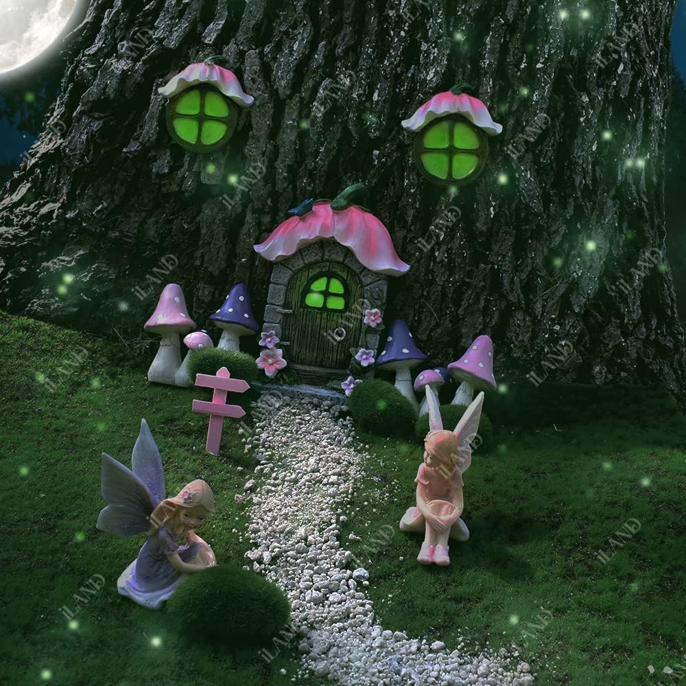 1:12 Scale Miniature Fairy Garden Accessories Fairy House Door And Windows For Trees Glow In Dark Yellow Flower Style