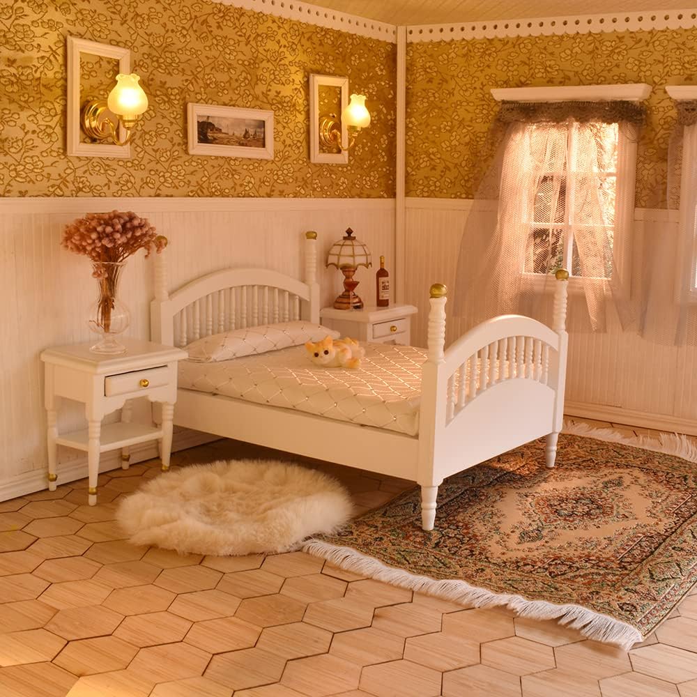 1:12 Scale Vintage Dollhouse Bedroom Furniture Set With Bed Mirror Wardrobe Bedside Table Rocking Chair And Rug Miniature Dollhouse Accessories White Gold