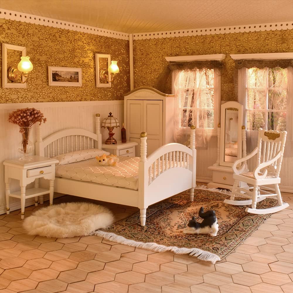 1:12 Scale Vintage Dollhouse Bedroom Furniture Set With Bed Mirror Wardrobe Bedside Table Rocking Chair And Rug Miniature Dollhouse Accessories White Gold