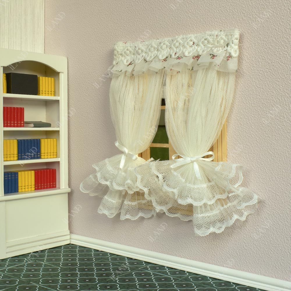 1:12 Scale Miniature Dollhouse Accessories Multi Layered Lace Tulle Curtains Set Of 2Pcs For Living Room Bedroom Decor