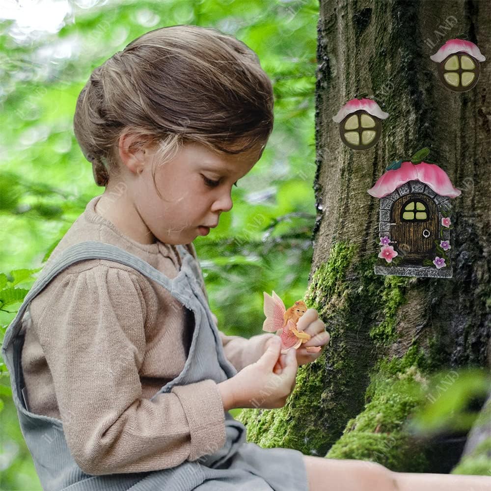 1:12 Scale Miniature Fairy Garden Accessories House With Glow In Dark Door And Windows For Trees Pink Petal Style