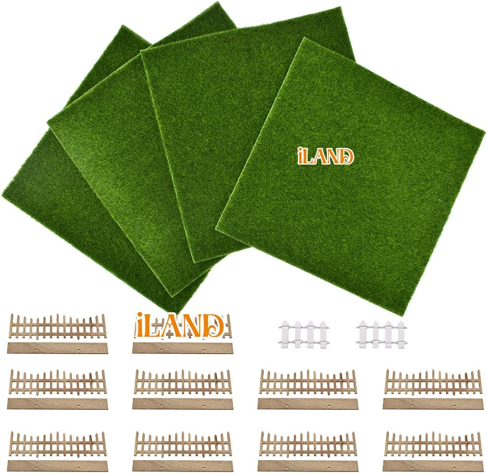 1:12 Scale Miniature Fairy Garden Artificial Grass 4 Sheets 11.8"x 11.8" With 10 Miniature Fences 2 Fence Doors 1 Sign Fake Grass For Crafts Dollhouse Garden