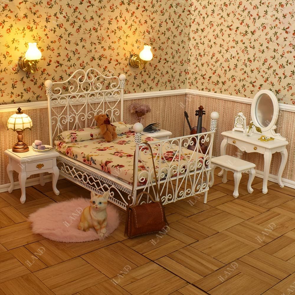 1:12 Scale Victorian Dollhouse Bedroom Furniture Set 5Pcs Miniature Metal Bed Side Table Vanity Mirror Miniature Dollhouse Accessories