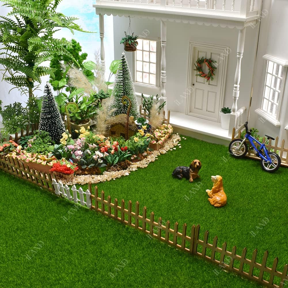 1:12 Scale Miniature Fairy Garden Artificial Grass 4 Sheets 11.8"x 11.8" With 10 Miniature Fences 2 Fence Doors 1 Sign Fake Grass For Crafts Dollhouse Garden