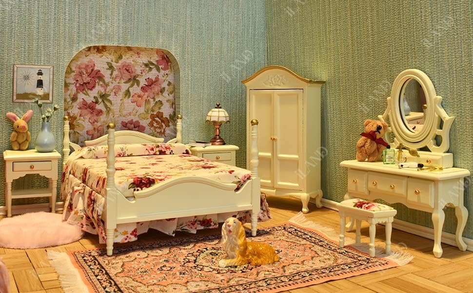 1:12 Scale Wooden Dollhouse Bedroom Furniture Set Miniature Bed Dressing Table Wardrobe Cream Color Elegant Miniature Dollhouse Accessories