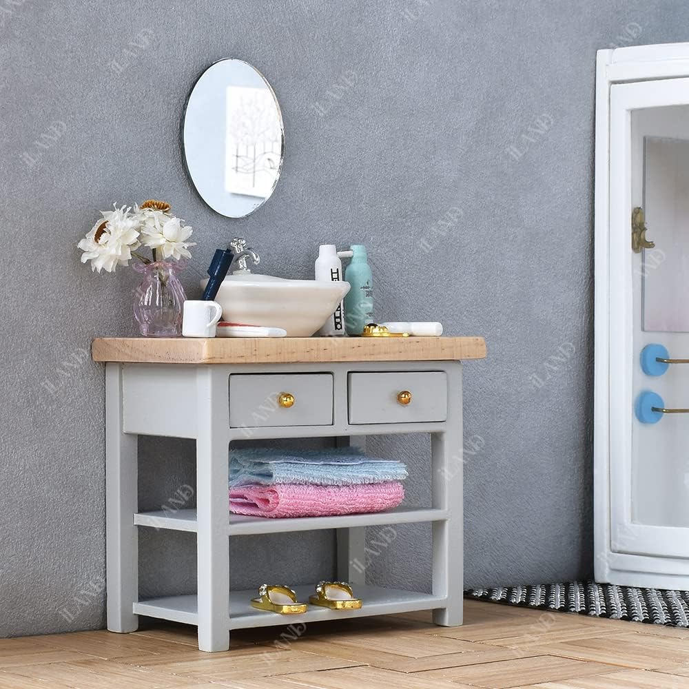 1:12 Scale Modern Bathroom Set Miniature Dollhouse Furniture With Ceramic Toilet Bathtub Wooden Cabinet Sink Accessories
