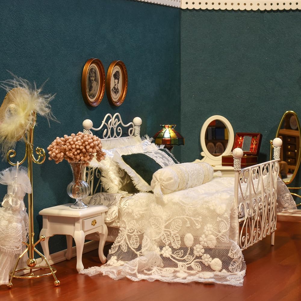 1:12 Scale Victorian Dollhouse Bedroom Furniture Set 5Pcs Miniature Metal Bed Side Table Vanity Mirror Miniature Dollhouse Accessories