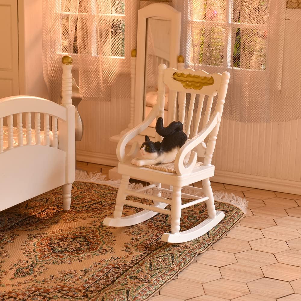 1:12 Scale Vintage Dollhouse Bedroom Furniture Set With Bed Mirror Wardrobe Bedside Table Rocking Chair And Rug Miniature Dollhouse Accessories White Gold
