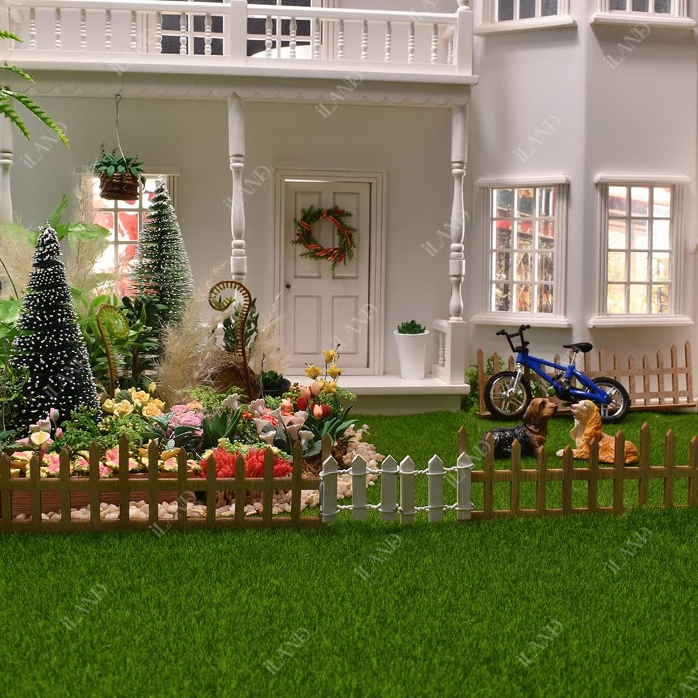 1:12 Scale Miniature Fairy Garden Artificial Grass 4 Sheets 11.8"x 11.8" With 10 Miniature Fences 2 Fence Doors 1 Sign Fake Grass For Crafts Dollhouse Garden