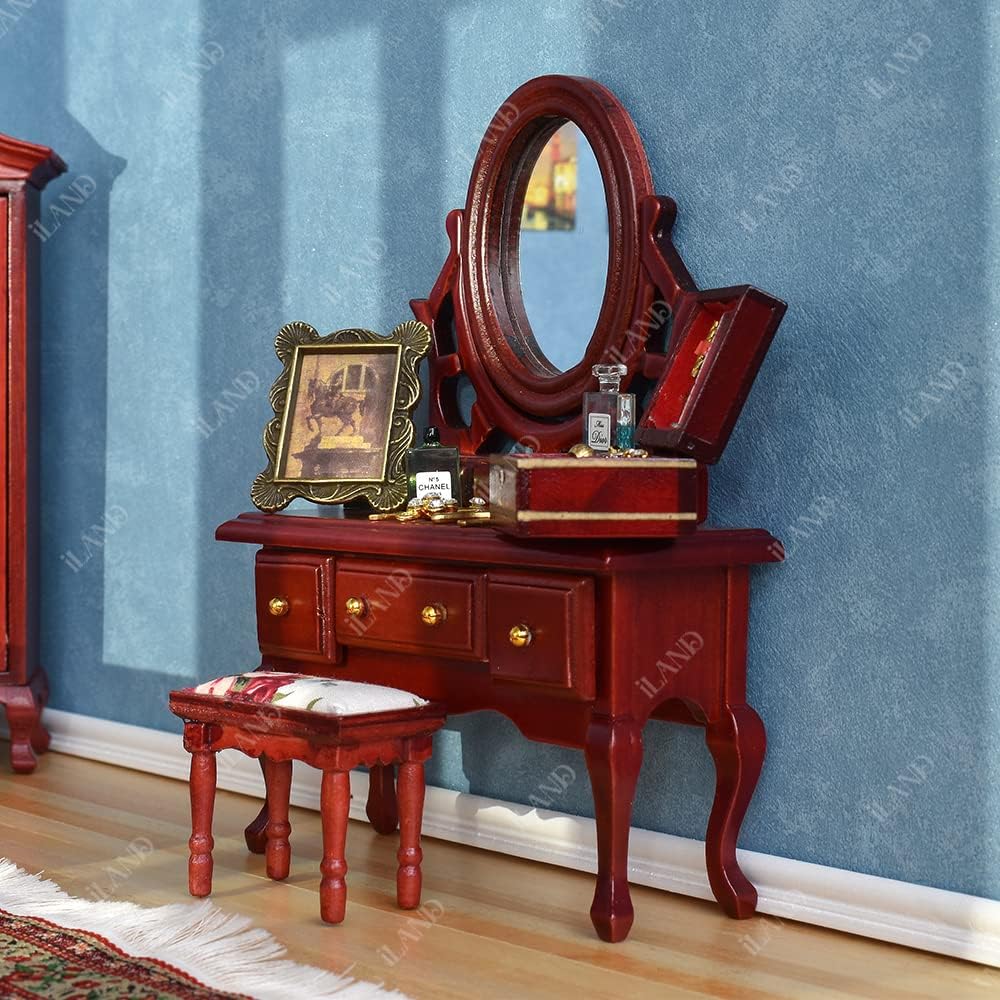 1:12 Scale Wooden Dollhouse Bedroom Furniture Set Miniature Mahogany Bed Dressing Table Wardrobe Classical Dollhouse Accessories