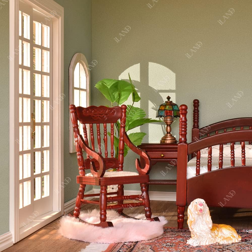 1:12 Scale Vintage Dollhouse Bedroom Furniture Set Miniature Mahogany Bed Wardrobe Mirror Rocking Chair Side Table Miniature Dollhouse Accessories