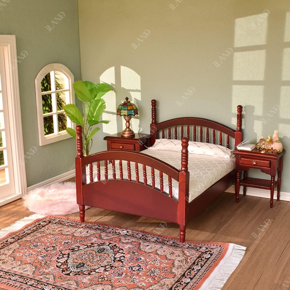1:12 Scale Vintage Dollhouse Bedroom Furniture Set Miniature Mahogany Bed Wardrobe Mirror Rocking Chair Side Table Miniature Dollhouse Accessories