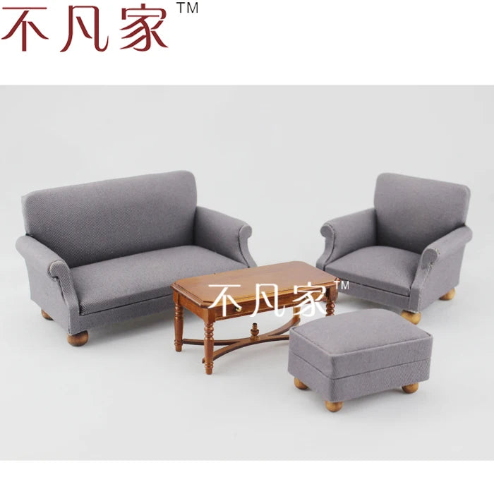 Conjunto de muebles de sala de estar para casa de muñecas en miniatura a escala 1:12: sofá, sillón, mesa y otomana