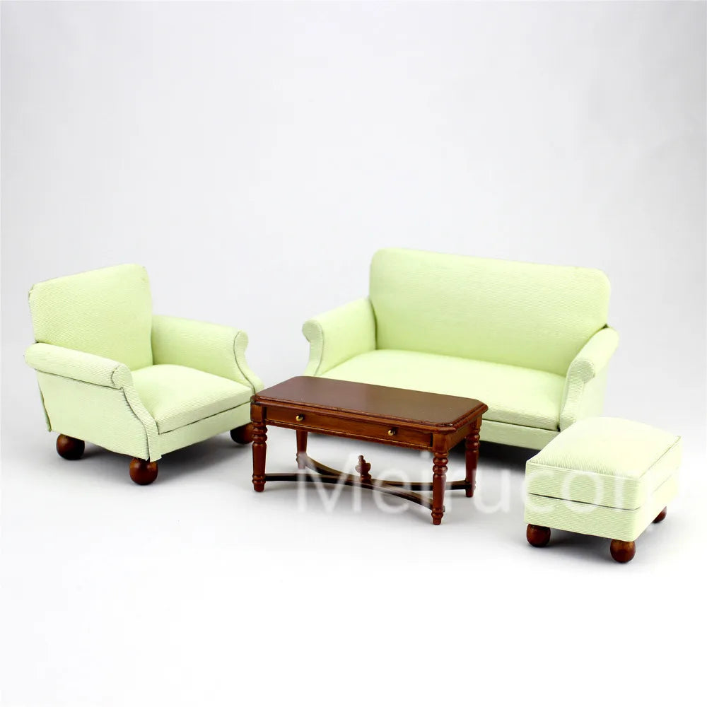 Ensemble de meubles de salon pour maison de poupée à l'échelle 1:12 : canapé, fauteuil et pouf