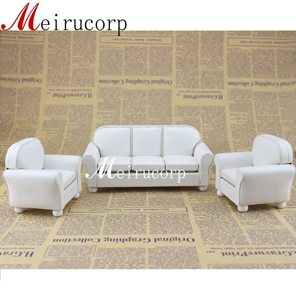 Juego de 3 sofás y sillas de cuero blanco en miniatura a escala 1:12, muebles para casa de muñecas, decoración para sala de estar