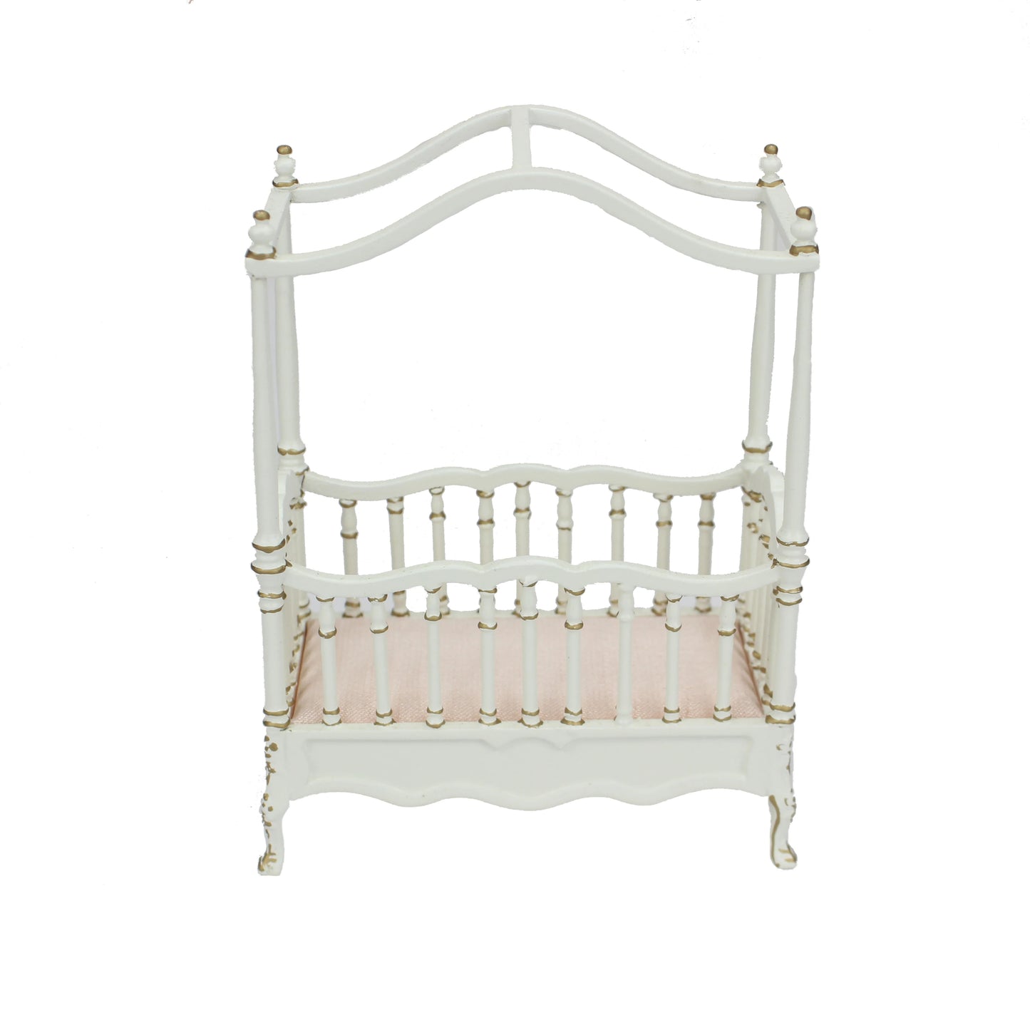 Cuna de bebé blanca con detalles dorados para casa de muñecas en miniatura a escala 1:12.