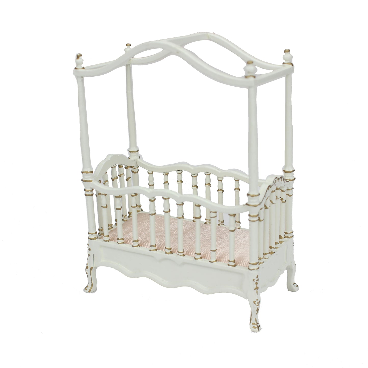 Cama de bebé en miniatura blanca pintada a mano en dorado, muebles para casa de muñecas a escala 1:12