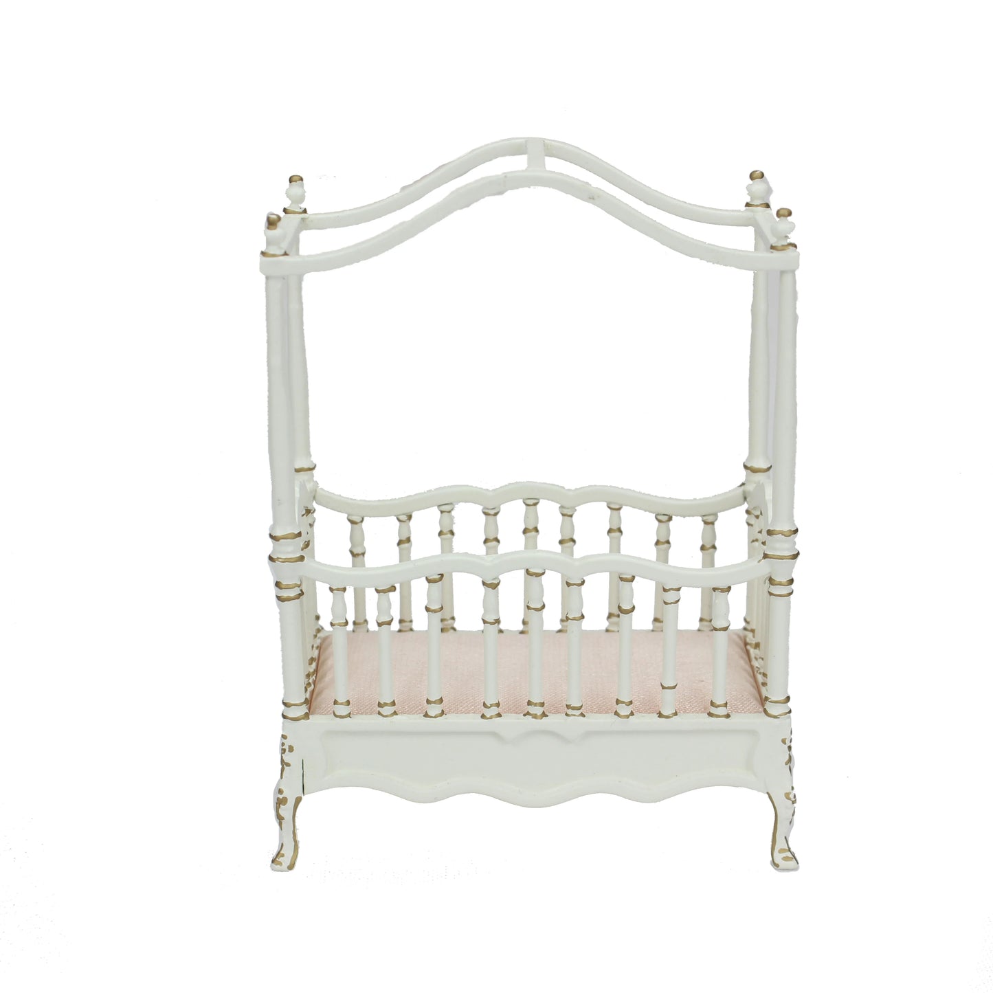 Cama de bebé en miniatura blanca pintada a mano en dorado, muebles para casa de muñecas a escala 1:12