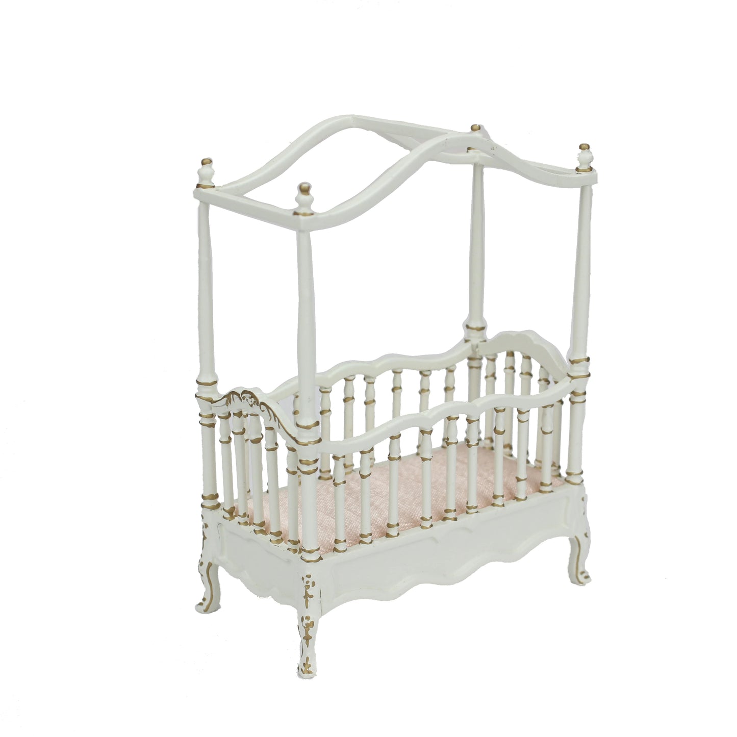 Cuna de bebé blanca con detalles dorados para casa de muñecas en miniatura a escala 1:12.