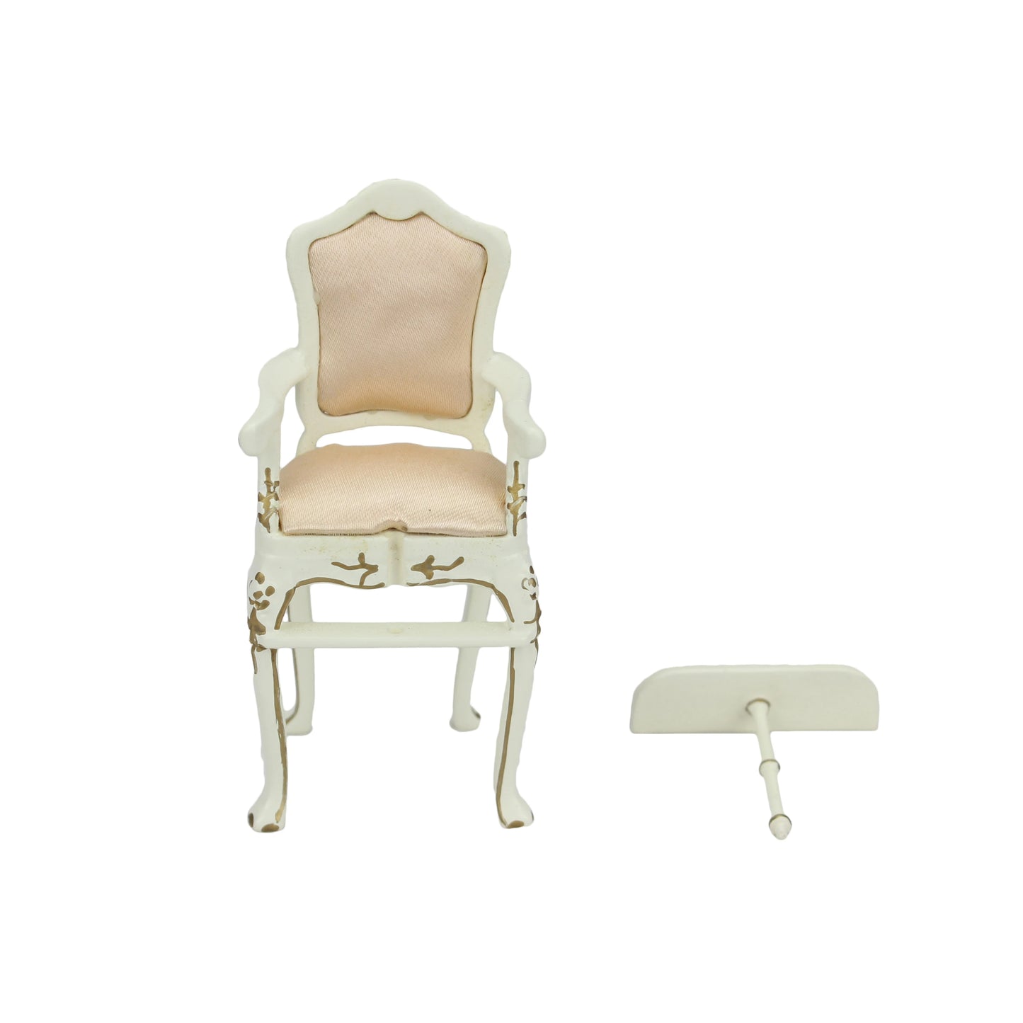 Silla de comedor de madera blanca para bebé, escala 1:12, con tela color albaricoque, muebles de casa de muñecas en miniatura para sala de juegos.