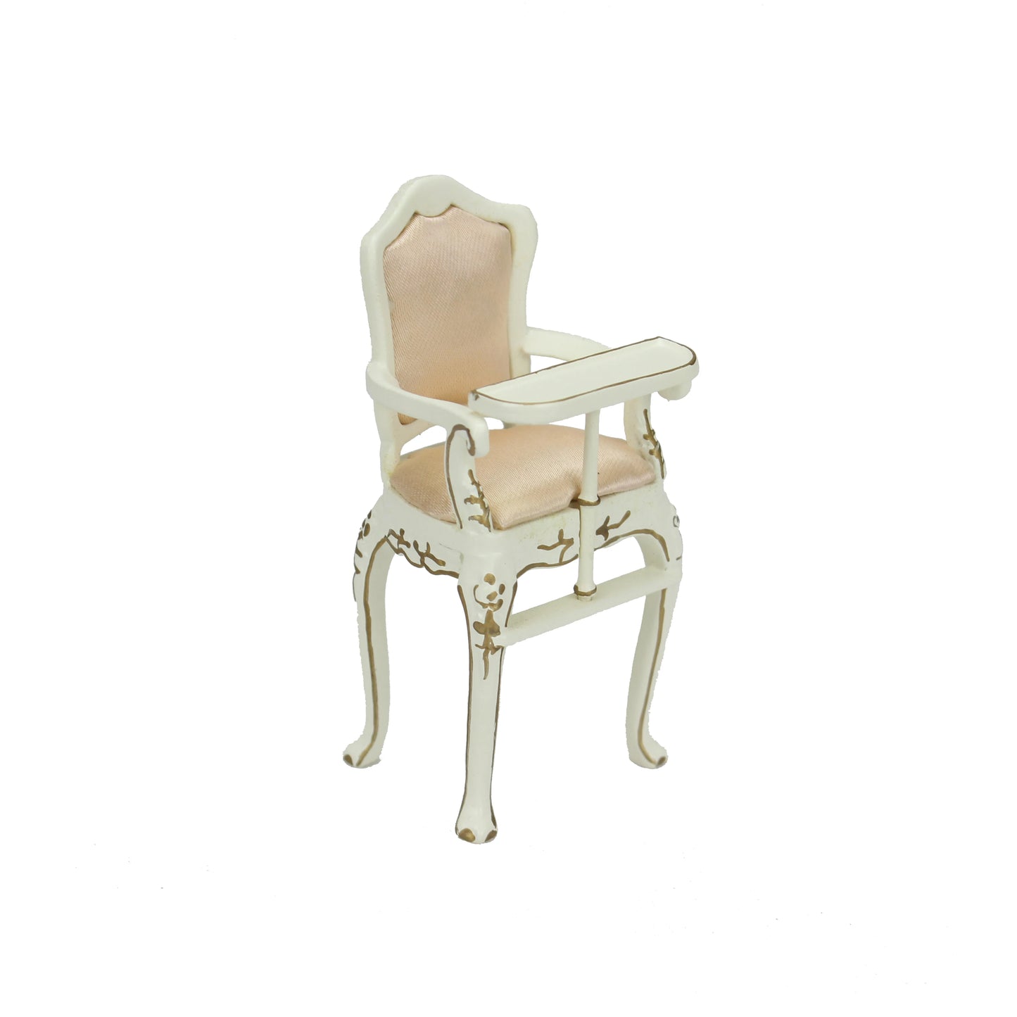 Silla de comedor de madera blanca para bebé, escala 1:12, con tela color albaricoque, muebles de casa de muñecas en miniatura para sala de juegos.