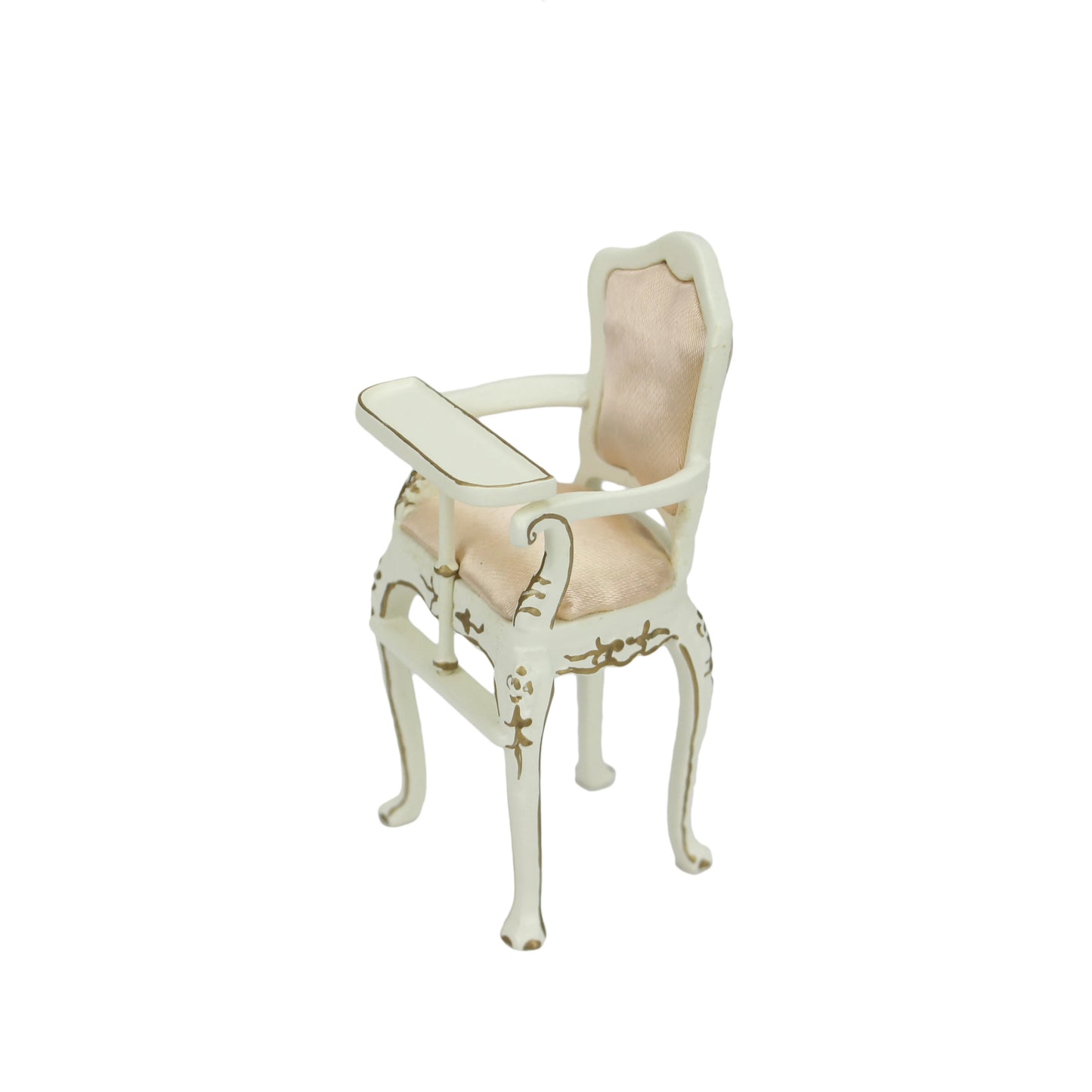 Silla de comedor de madera blanca para bebé, escala 1:12, con tela color albaricoque, muebles de casa de muñecas en miniatura para sala de juegos.