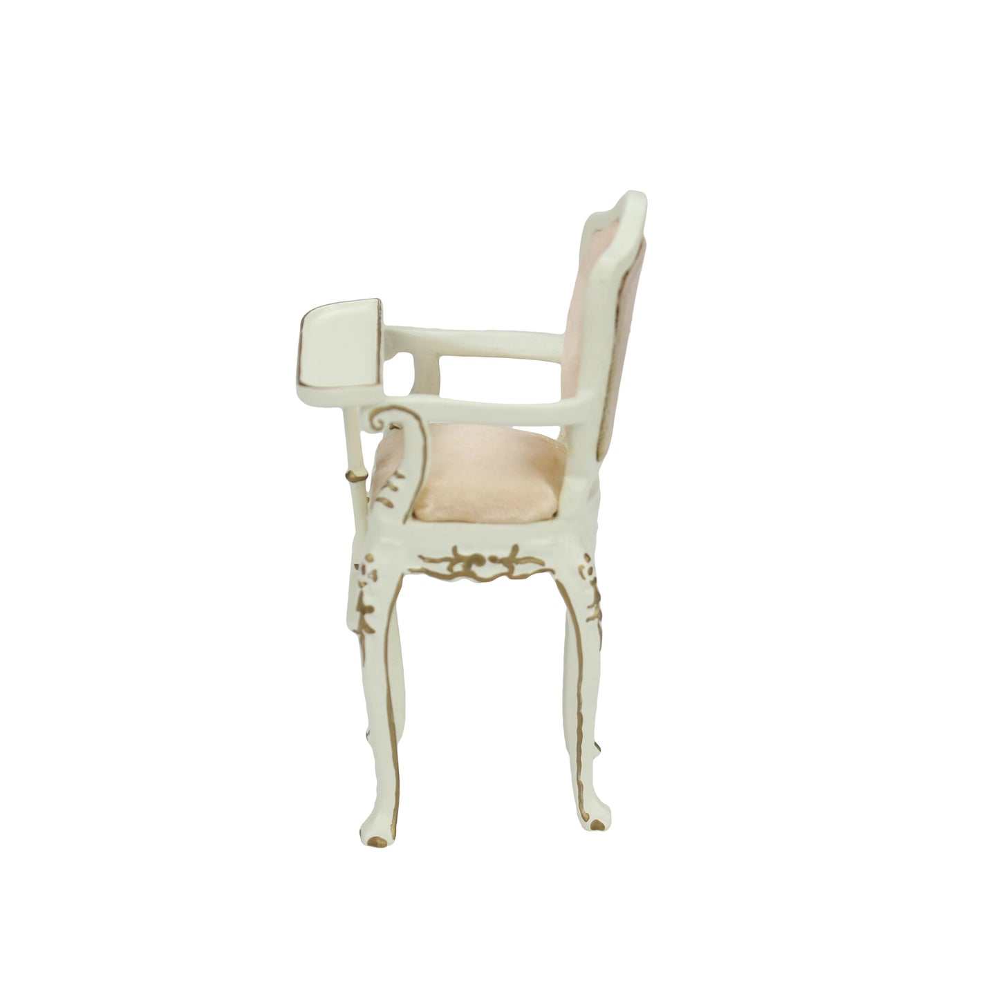 Silla de comedor de madera blanca para bebé, escala 1:12, con tela color albaricoque, muebles de casa de muñecas en miniatura para sala de juegos.