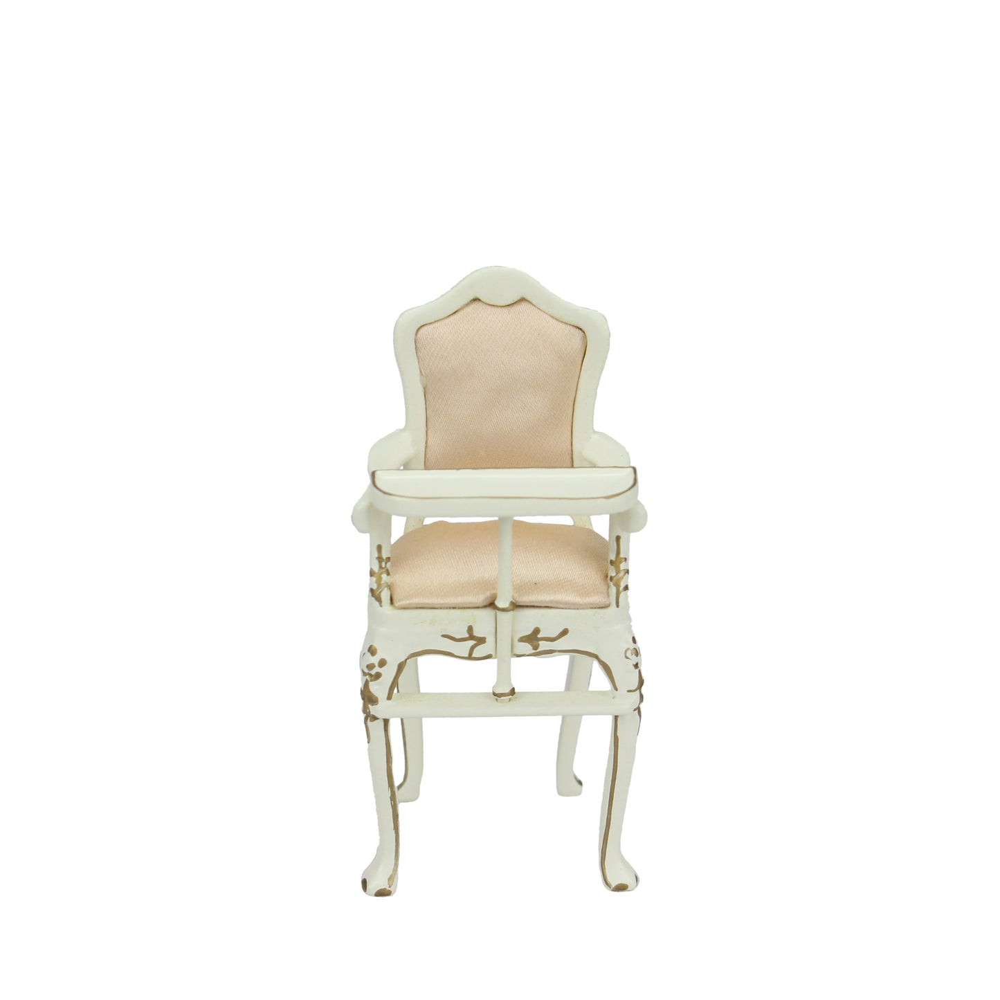 Silla de comedor de madera blanca para bebé, escala 1:12, con tela color albaricoque, muebles de casa de muñecas en miniatura para sala de juegos.