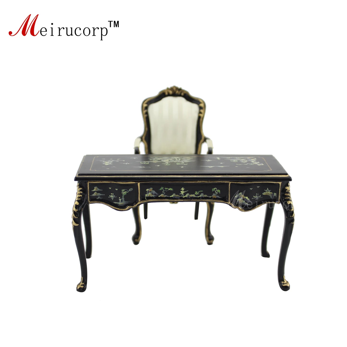 Conjunto de muebles para casa de muñecas en miniatura a escala 1:12: Escritorio y silla con paisaje pintados a mano