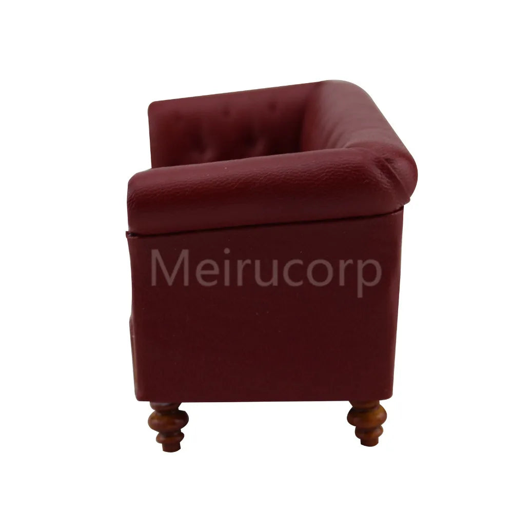 Sofá de salón de cuero sintético rojo en miniatura a escala 1:12, muebles para casa de muñecas