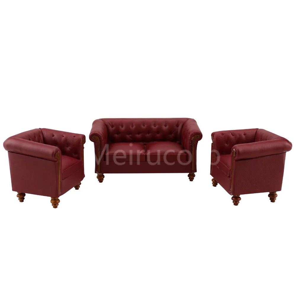 Sofá de salón de cuero sintético rojo en miniatura a escala 1:12, muebles para casa de muñecas
