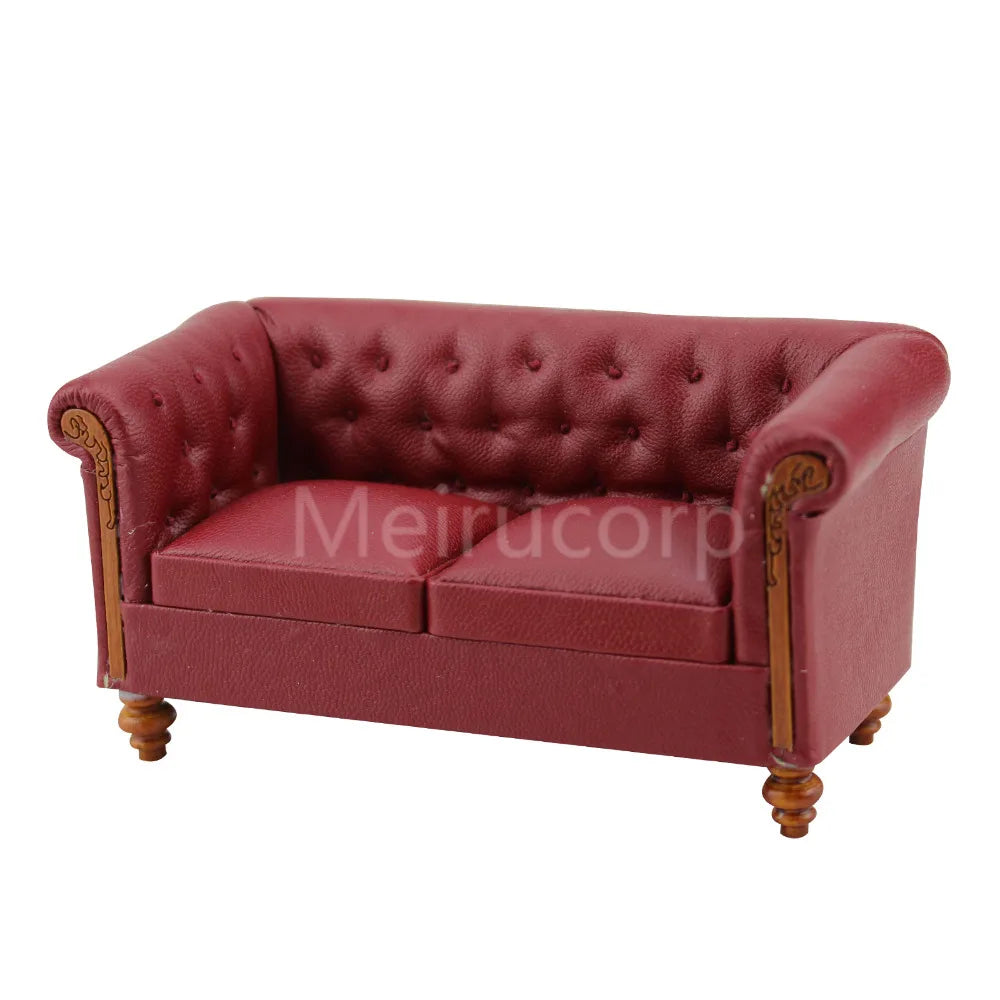 Sofá de salón de cuero sintético rojo en miniatura a escala 1:12, muebles para casa de muñecas