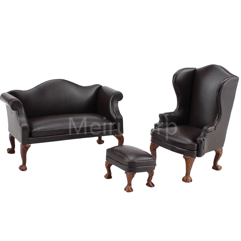 Juego de 3 sillones otomanos de cuero marrón en miniatura a escala 1:12, muebles para casa de muñecas, decoración para sala de estar