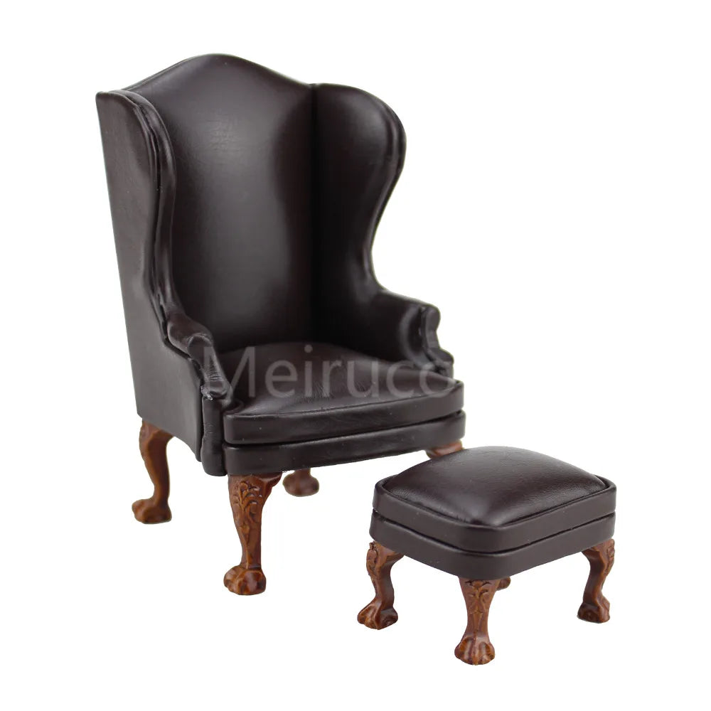 Juego de 3 sillones otomanos de cuero marrón en miniatura a escala 1:12, muebles para casa de muñecas, decoración para sala de estar