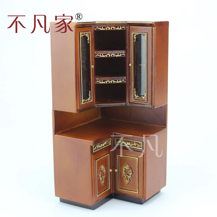 Juego de gabinetes de cocina en miniatura a escala 1:12, muebles de casa de muñecas de madera tallada a mano para sala de estar y sala de juegos.