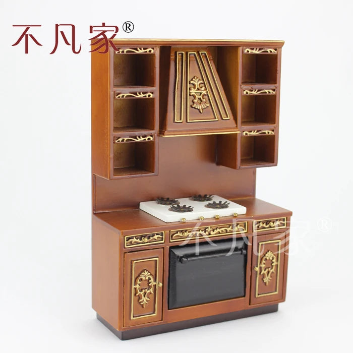 Juego de gabinetes de cocina en miniatura a escala 1:12, muebles de casa de muñecas de madera tallada a mano para sala de estar y sala de juegos.