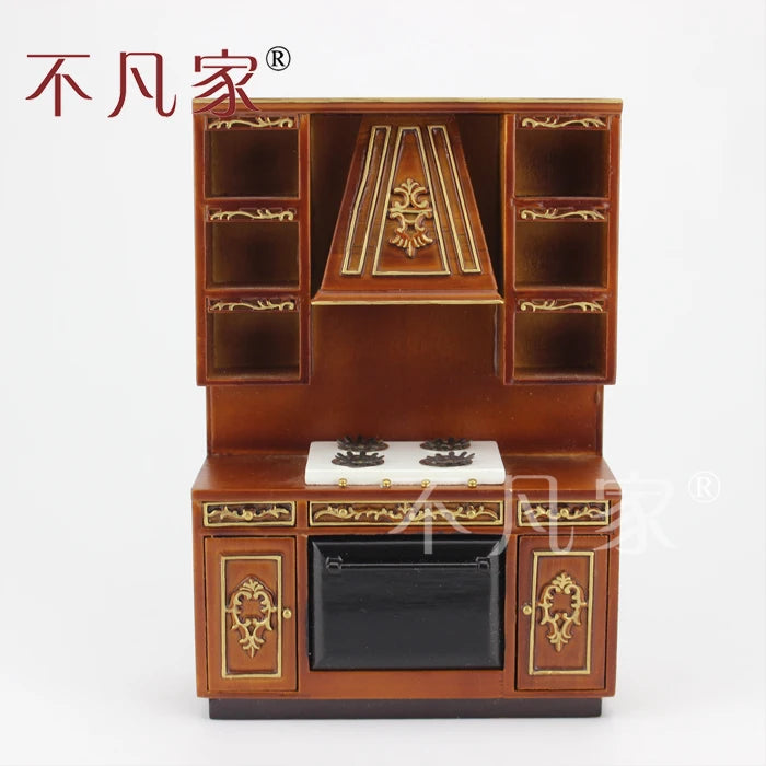 Juego de gabinetes de cocina en miniatura a escala 1:12, muebles de casa de muñecas de madera tallada a mano para sala de estar y sala de juegos.
