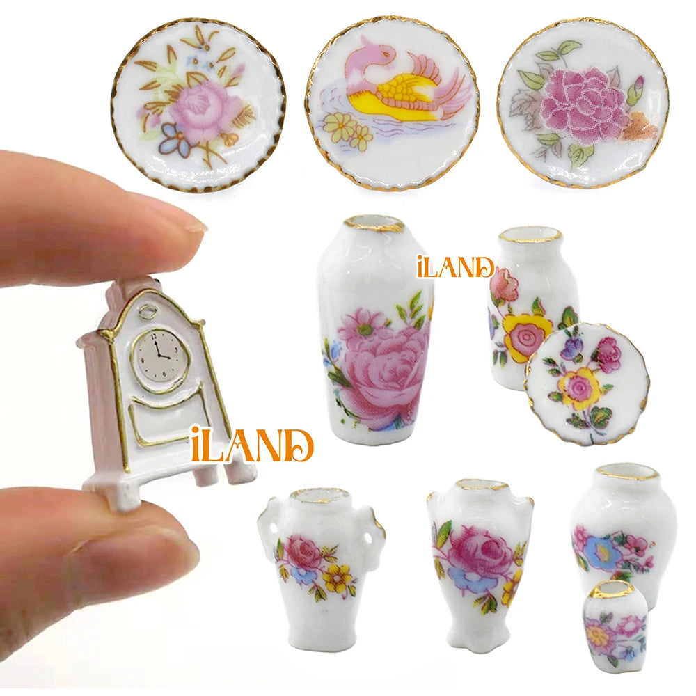 1:12 Scale Miniature Dollhouse Accessories Display Plates Vase With Flower Designs Desk Clock For Doll House