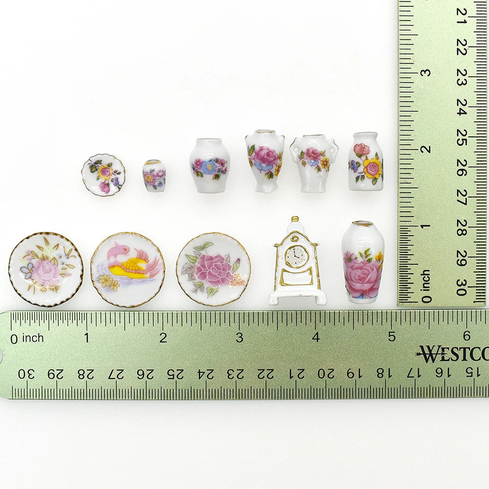 1:12 Scale Miniature Dollhouse Accessories Display Plates Vase With Flower Designs Desk Clock For Doll House