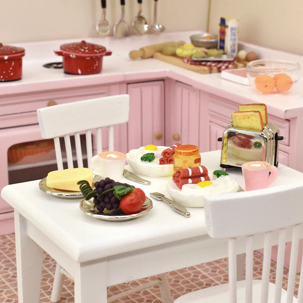 1:12 Scale Miniature Bread Maker With Fruit Egg Coffee Tableware Plate Fork Knife Honey Breakfast Set For Dollhouse Kitchen