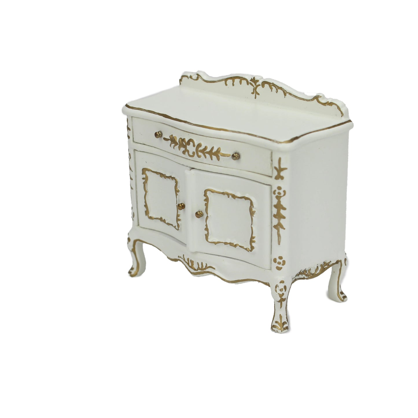 Mueble para pañales de bebé en miniatura, pintado a mano en blanco y dorado, escala 1:12