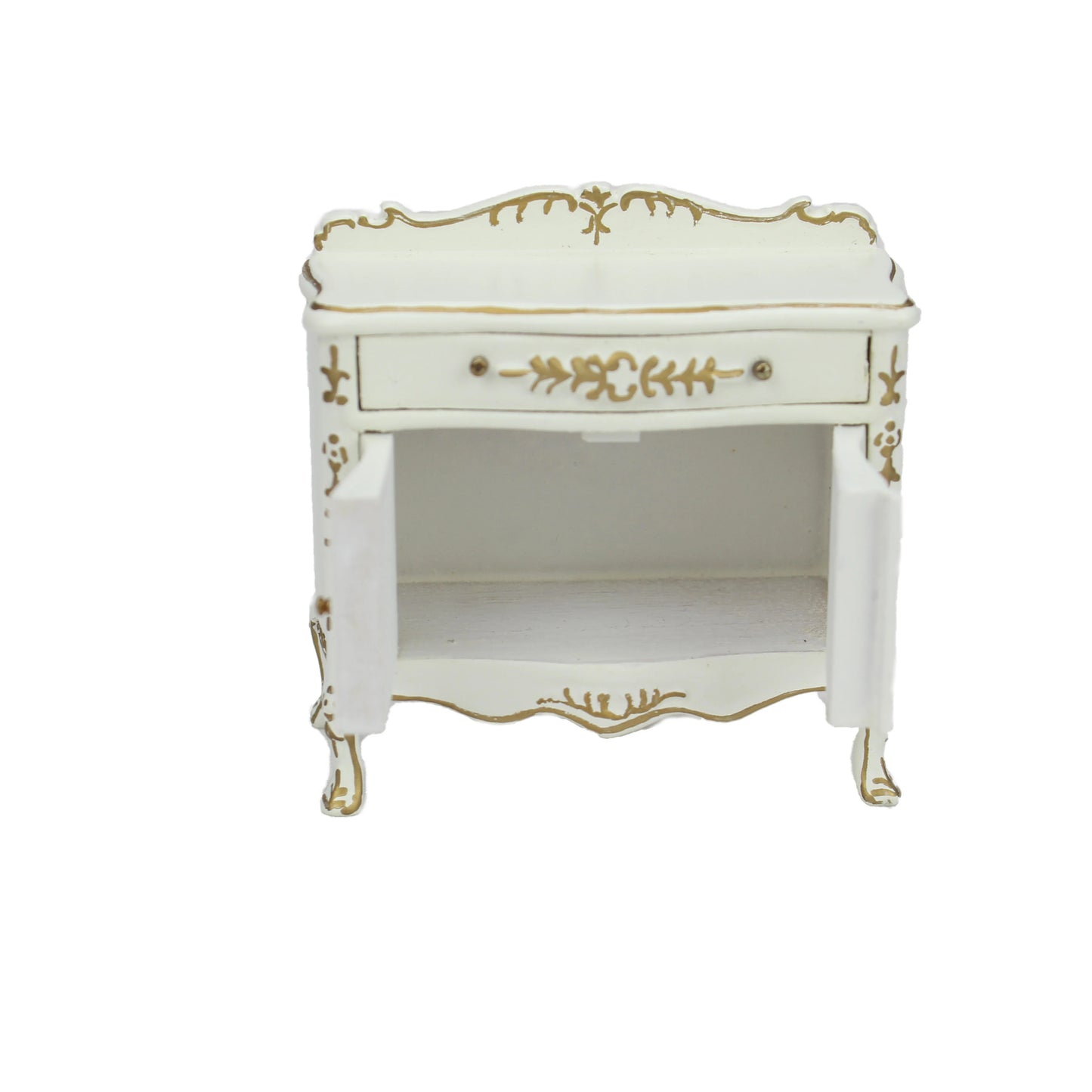 Mueble para pañales de bebé en miniatura, pintado a mano en blanco y dorado, escala 1:12