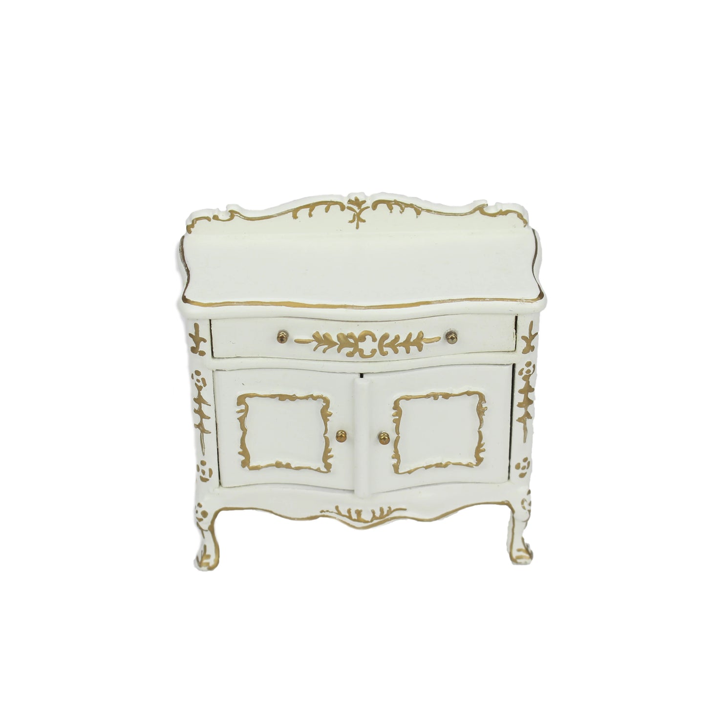 Mueble para pañales de bebé en miniatura, pintado a mano en blanco y dorado, escala 1:12