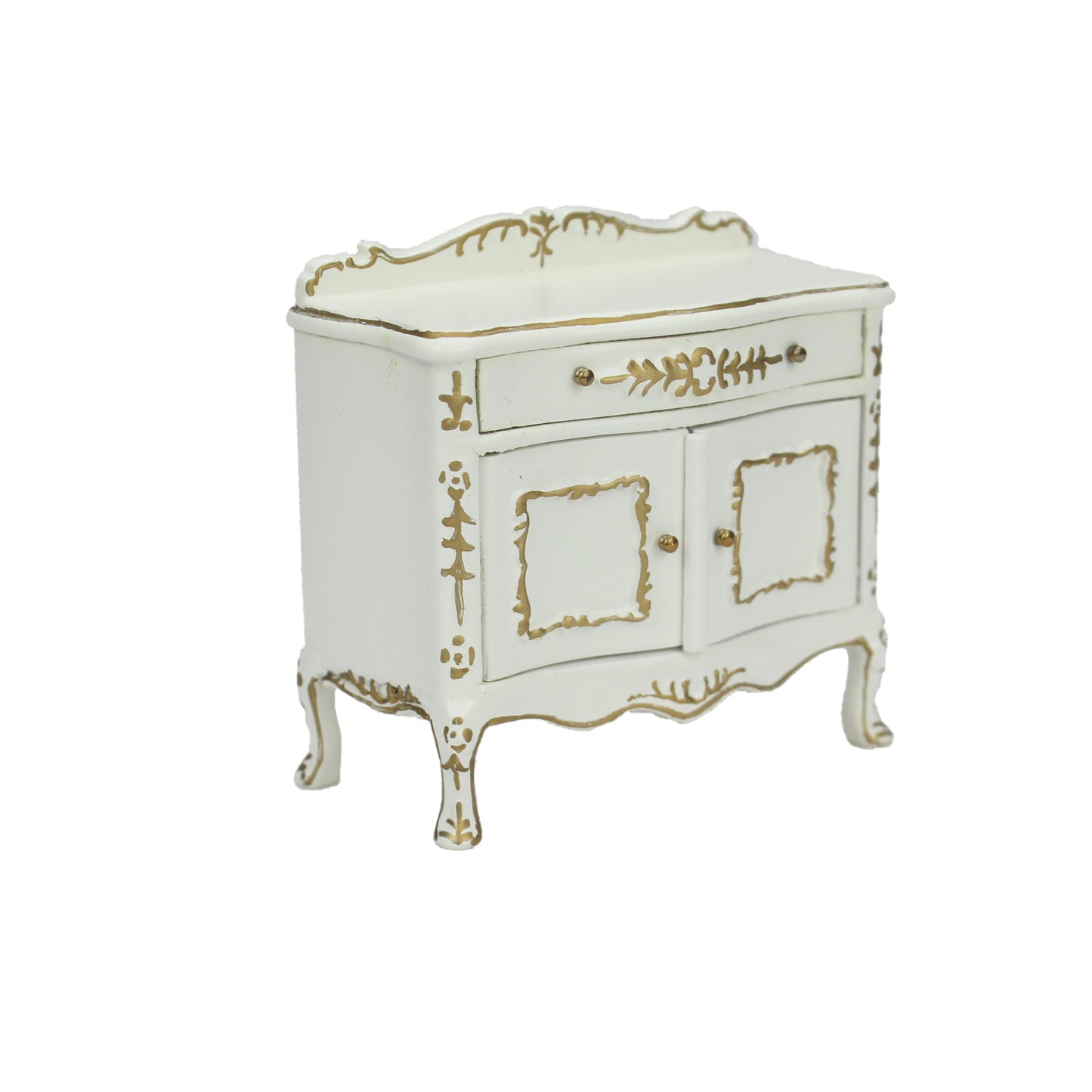Mueble para pañales de bebé en miniatura, pintado a mano en blanco y dorado, escala 1:12