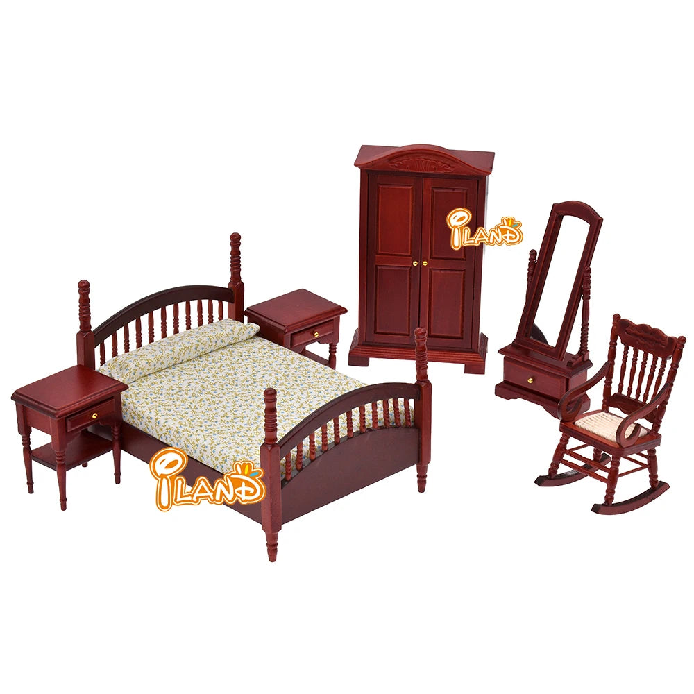 1:12 Scale Miniature Wooden Cabinet Dresser Mirror Bed Chair Dollhouse Furniture Set For Bedroom Decoration