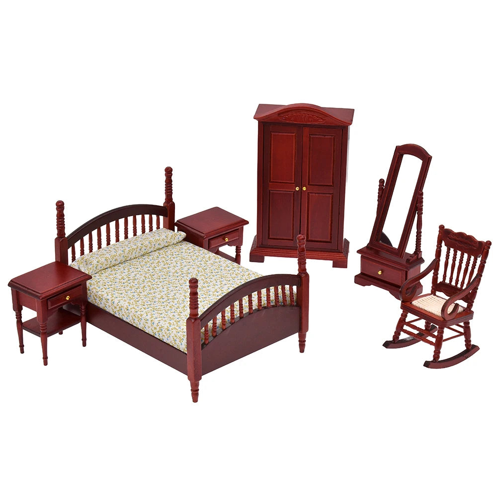 1:12 Scale Miniature Wooden Cabinet Dresser Mirror Bed Chair Dollhouse Furniture Set For Bedroom Decoration