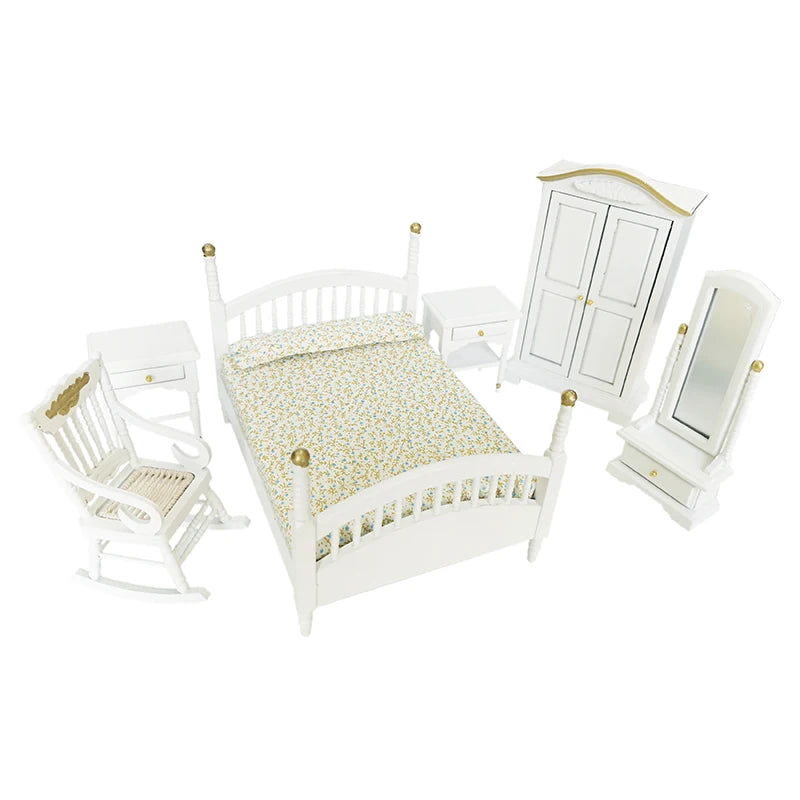 1:12 Scale Miniature Wooden Cabinet Dresser Mirror Bed Chair Dollhouse Furniture Set For Bedroom Decoration